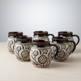Set 6 cani din ceramica traditionala, model floral gri, glazurate, 8 cm, pentru ceai, apa sau vin - Img 2