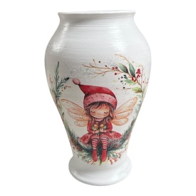 Vaza ceramica 20 cm, decorata manual cu elf de Craciun, decor festiv, artizanat - Img 1