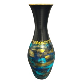 Vază ceramică înaltă, neagră, decorată manual cu auriu și turcoaz, 40 cm – Marginea, Bucovina - Img 1