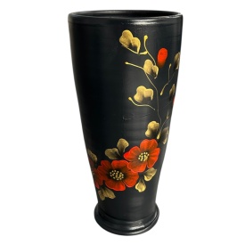 Vază ceramică neagră cu maci roșii și frunze aurii – pictată manual - Img 2