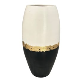 Vază decorativă 30 cm alb-negru cu brâu din foiță de aur – ceramică Marginea - Img 1