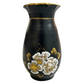 Vaza neagra, pictata manual, buchet de flori, auriu, moderna - Img 2