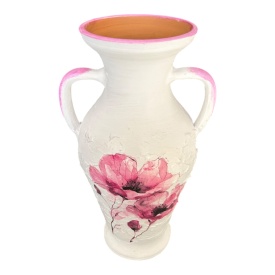 Amforă ceramică albă cu maci roz, lucrată manual,27 cm – ceramică Bucovina, obiect decorativ unic - Img 2