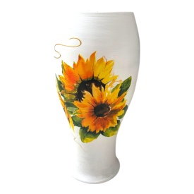 Vază ceramică albă cu floarea-soarelui și detalii aurii, lucrată manual la Marginea, 25 cm - Img 3