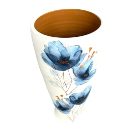 Vază ceramică albă pictată manual, 30 cm, gura largă, maci albaștri – Marginea, Bucovina - Img 2