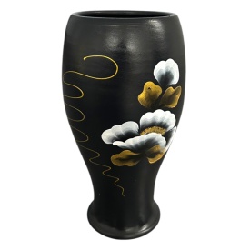 Vază ceramică Marginea pictată manual cu flori albe, 25 cm – autentică și semnată - Img 2