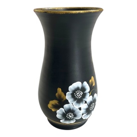 Vaza neagra, pictata manual, buchet de flori alb - Img 1