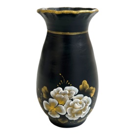 Vaza neagra, pictata manual, buchet de flori, auriu, moderna - Img 3