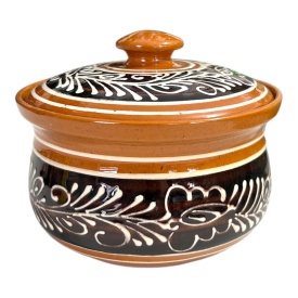 Recipient ceramic maro cu capac, decorat manual, 12 cm – glazurat, produs tradițional românesc - Img 2