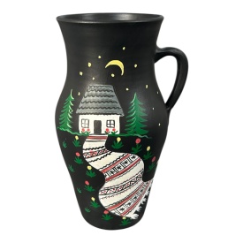 Ulcior decorativ 30 cm pictat manual – ceramica traditionala Martinescu Marginea, motiv casa taraneasca si stergar - Img 1