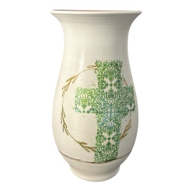 Vază ceramică albă cu cruce verde – 25 cm, simbol al credinței - Img 1