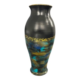 Vază ceramică înaltă, neagră, decorată manual cu auriu și turcoaz, 40 cm – Marginea, Bucovina - Img 2