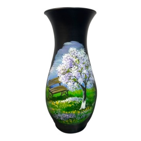 Vază ceramică neagră Marginea 30 cm – pictată manual cu peisaj de parc, unicat din Bucovina - Img 1
