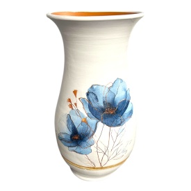 Vază decorativă ceramică, albă, cu buchet de maci albaștri, 25 cm, Marginea - Img 1