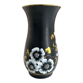 Vaza neagra, pictata manual, buchet de flori alb - Img 2