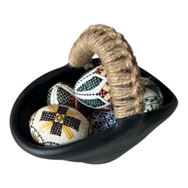Cosulet cu oua de Paste, decoratiune de sarbatori, cosulet din ceramica cu 6 oua incondeiate in Bucovina, 19 cm - Img 1