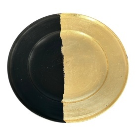 Platou din ceramica, decorat manual, negru, foita de aur, pentru servire sau decor, 30 cm - Img 1