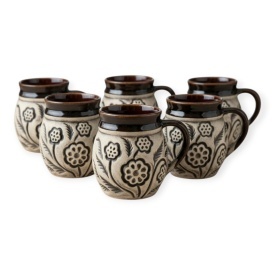 Set 6 cani din ceramica traditionala, model floral gri, glazurate, 8 cm, pentru ceai, apa sau vin - Img 1