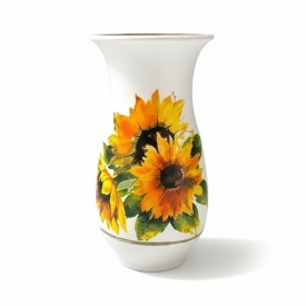 Vază ceramică albă cu floarea-soarelui și detalii aurii, lucrată manual la Marginea, 25 cm - Img 1