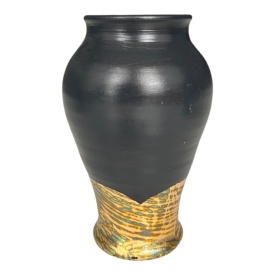 Vază ceramică neagră decorată manual cu foiță de aur antichizată – 20 cm - Img 2