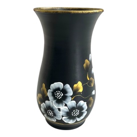 Vaza neagra, pictata manual, buchet de flori alb - Img 3