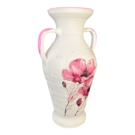 Amforă ceramică albă cu maci roz, lucrată manual,27 cm – ceramică Bucovina, obiect decorativ unic - Img 3