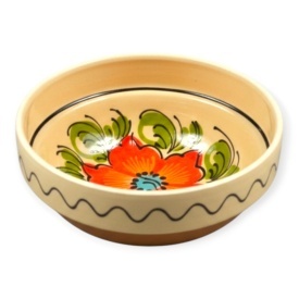 Bol traditional din ceramica pentru supa si servire, 16 cm, pictat manual cu flori, fundal crem, stil romanesc - Img 1