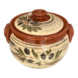 Oală de lut pentru sarmale cu capac – ceramică pictată cu măsline, 4litri - Img 1