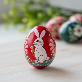 Ou din lemn pictat cu iepurasi, 6 cm – lucrat manual, cadou sau decor de Paste - Img 2