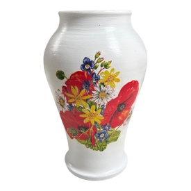 Vaza ceramica 20 cm, decorata manual cu buchet de maci, decor floral, artizanat - Img 1