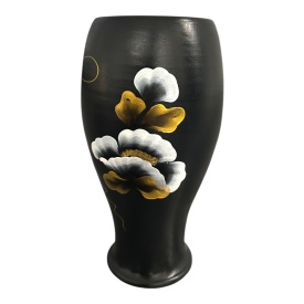 Vază ceramică Marginea pictată manual cu flori albe, 25 cm – autentică și semnată - Img 1