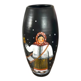 Vază ceramică pictată manual 30 cm – fata în haine tradiționale mergând la colindat, Marginea - Img 2