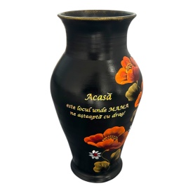 Vază de flori din ceramică Marginea pictată manual cu maci portocalii – mesaj „Acasă este locul unde mama ne așteaptă cu drag” – 30 cm - Img 1