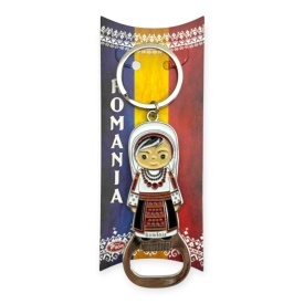 Breloc metal cu desfacător I love România – fată în port tradițional, cadou gata ambalat - Img 1