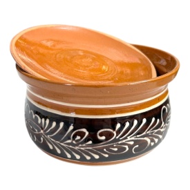 Recipient ceramic maro cu capac, decorat manual, 12 cm – glazurat, produs tradițional românesc - Img 3