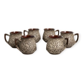 Set 6 cani din ceramica traditionala, model floral, 250ml, pentru ceai, apa sau vin - Img 1
