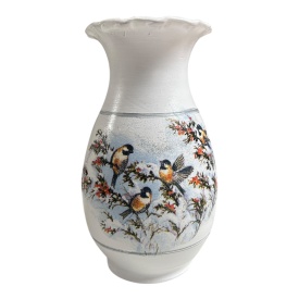 Vaza ceramica 25 cm, decorata manual, pasarele pe crengi ninse, tema iarna - Img 2