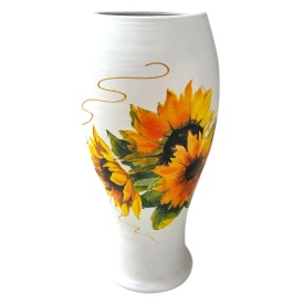 Vază ceramică albă cu floarea-soarelui și detalii aurii, lucrată manual la Marginea, 25 cm - Img 1