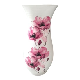Vază ceramică albă cu maci roz, 30 cm, lucrată manual la Marginea - Img 1