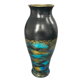 Vază ceramică înaltă, neagră, decorată manual cu auriu și turcoaz, 40 cm – Marginea, Bucovina - Img 3