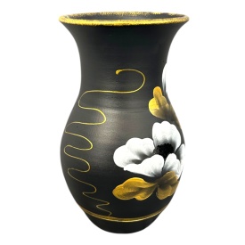 Vază ceramică Marginea pictată manual cu flori albe, 25 cm – autentică și semnată - Img 1