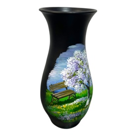 Vază ceramică neagră Marginea 30 cm – pictată manual cu peisaj de parc, unicat din Bucovina - Img 3