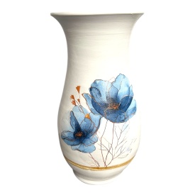 Vază decorativă ceramică, albă, cu buchet de maci albaștri, 25 cm, Marginea - Img 2