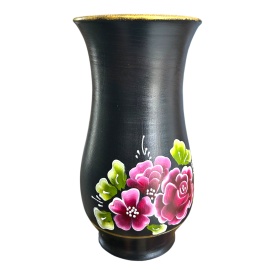 Vaza neagra, pictata manual, buchet de flori - Img 1