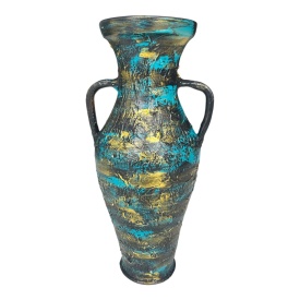 Amfora ceramică decorată manual cu accente turcoaz și aurii – 44 cm, suprafață texturată - Img 1