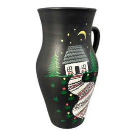Ulcior decorativ 30 cm pictat manual – ceramica traditionala Martinescu Marginea, motiv casa taraneasca si stergar - Img 2