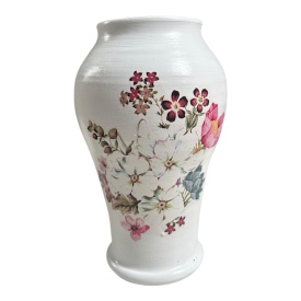 Vaza alba ceramica 20 cm, decorata manual cu buchet de flori, decor floral, artizanat - Img 2