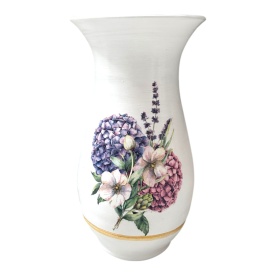 Vază ceramică albă cu liliac și detalii aurii, lucrată manual la Marginea, 25 cm - Img 2