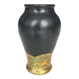 Vază ceramică neagră decorată manual cu foiță de aur antichizată – 20 cm - Img 3