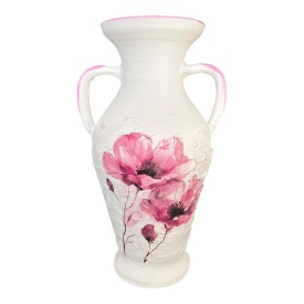 Amforă ceramică albă cu maci roz, lucrată manual,27 cm – ceramică Bucovina, obiect decorativ unic - Img 1